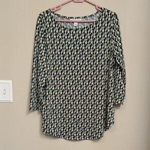 Petite Long-Sleeve Geometric Print Top - Green & Yellow